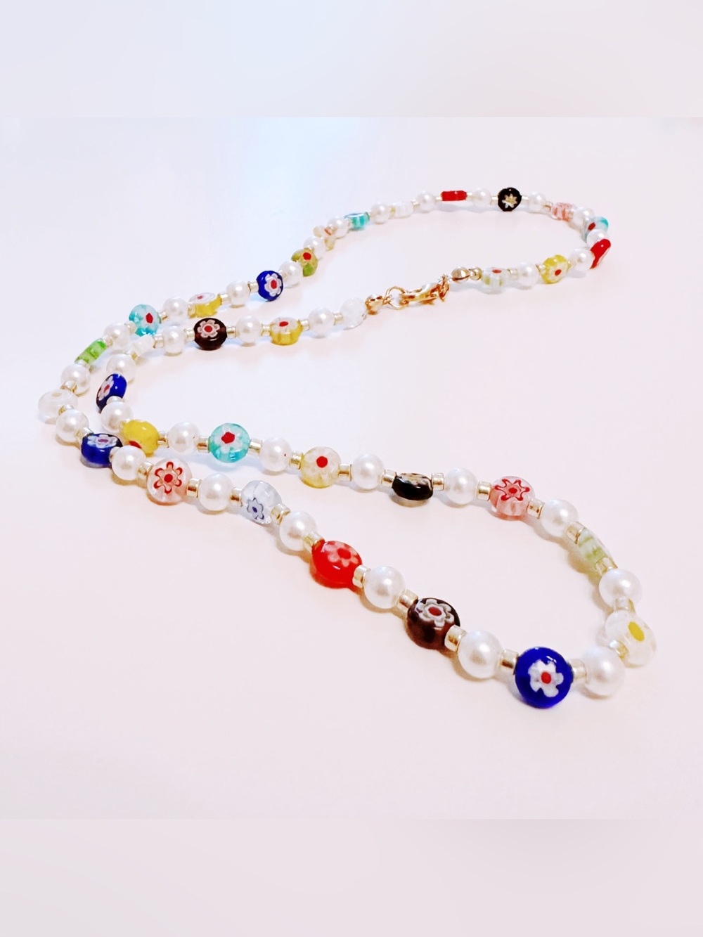 Handmade Multicolor Millefiori Glass & Pearl Necklace - Y2K Fashion